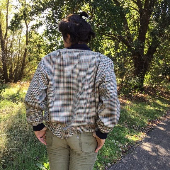 men’s plaid bomber harrington jacket L academia golf retro zippered lined tan - Picture 7 of 13